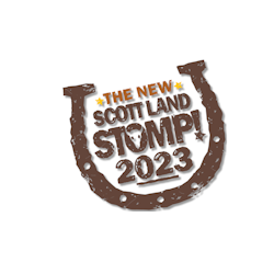 Logo for 'The New Scott Land Stomp! 2023.' The text is styled within the shape of a brown horseshoe, with the words 'The New' in orange and 'Scott Land Stomp! 2023' in white. The horseshoe has a distressed texture, giving it a rustic appearance.