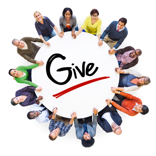 A diverse group of people standing in a circle, holding hands around a large white table. The word 'Give' is written in the center of the table in bold, black letters with a red underline. The participants are smiling and appear engaged, representing a sense of community and collaboration.