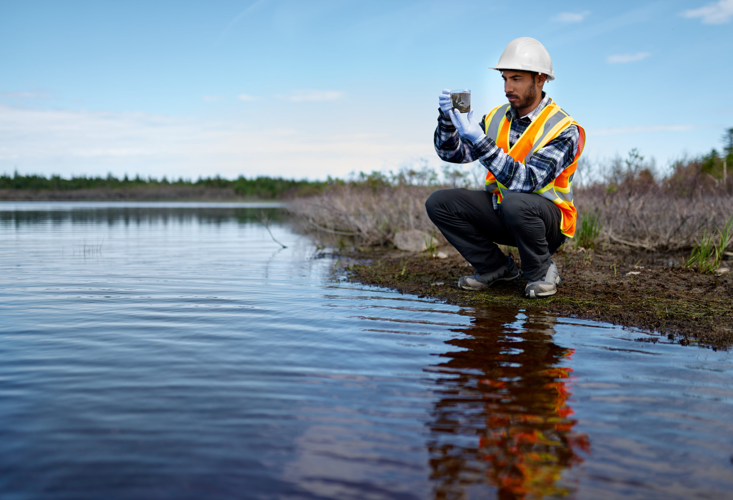A man wearing a hard hat, safety vest, and gloves, kneeling by the edge of a body of water while holding a sample jar. He is focused on the sample, with a background of the calm water and a distant treeline under a clear blue sky. The scene depicts a field worker conducting environmental testing or water quality assessment.