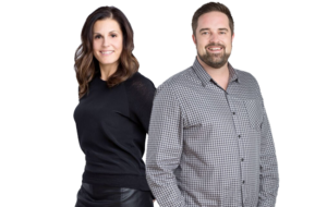 A portrait of two professionals from Scott Land & Lease Ltd. From left to right: Celeste Farrow, Surface Manager, wearing a black top and smiling; and Shaun Kozak, Manager, Freehold Minerals & Special Projects, wearing a checkered shirt and smiling. Both are standing against a white background, conveying a sense of professionalism and approachability.
