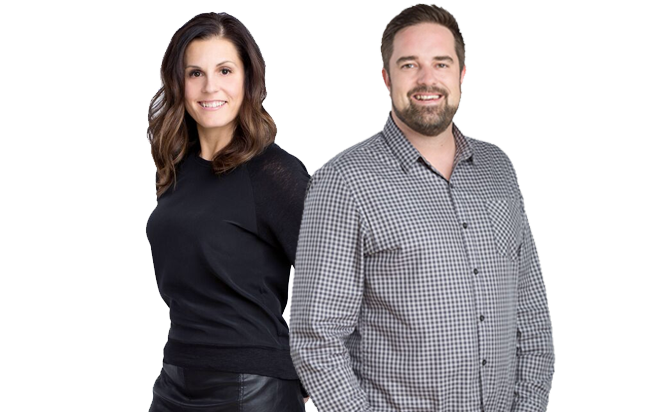 A portrait of two professionals from Scott Land & Lease Ltd. From left to right: Celeste Farrow, Surface Manager, wearing a black top and smiling; and Shaun Kozak, Manager, Freehold Minerals & Special Projects, wearing a checkered shirt and smiling. Both are standing against a white background, conveying a sense of professionalism and approachability.